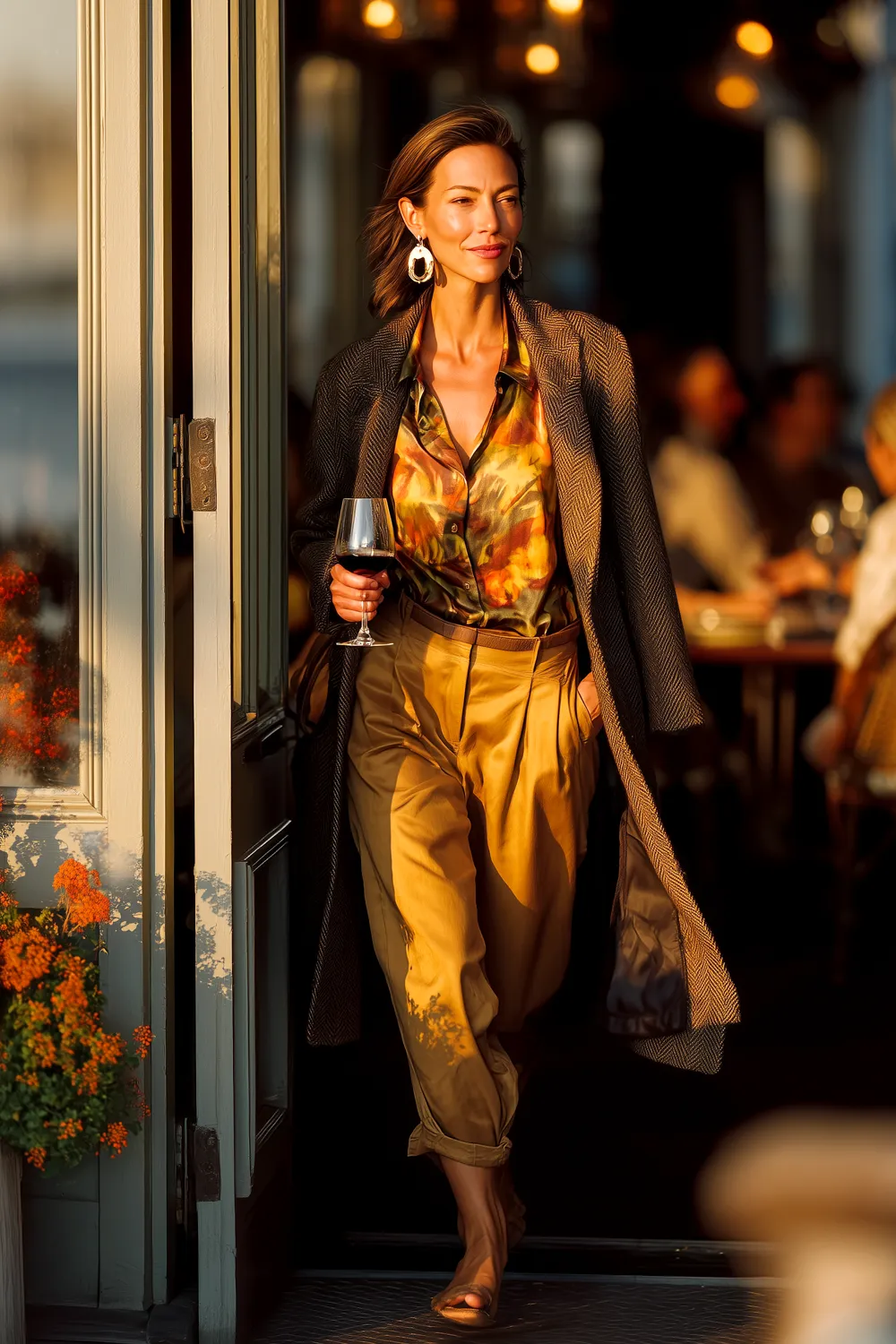 Woman over 40 stepping out of a restaurant at golden hour wearing a longline coat, printed silk blouse, and pleated trousers—office-to-dinner fall look