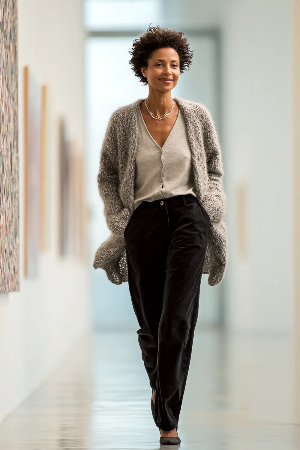 Woman over 40 walking through an art gallery in a soft gray cardigan, light knit top, and black velvet trousers—a chic fall outfit