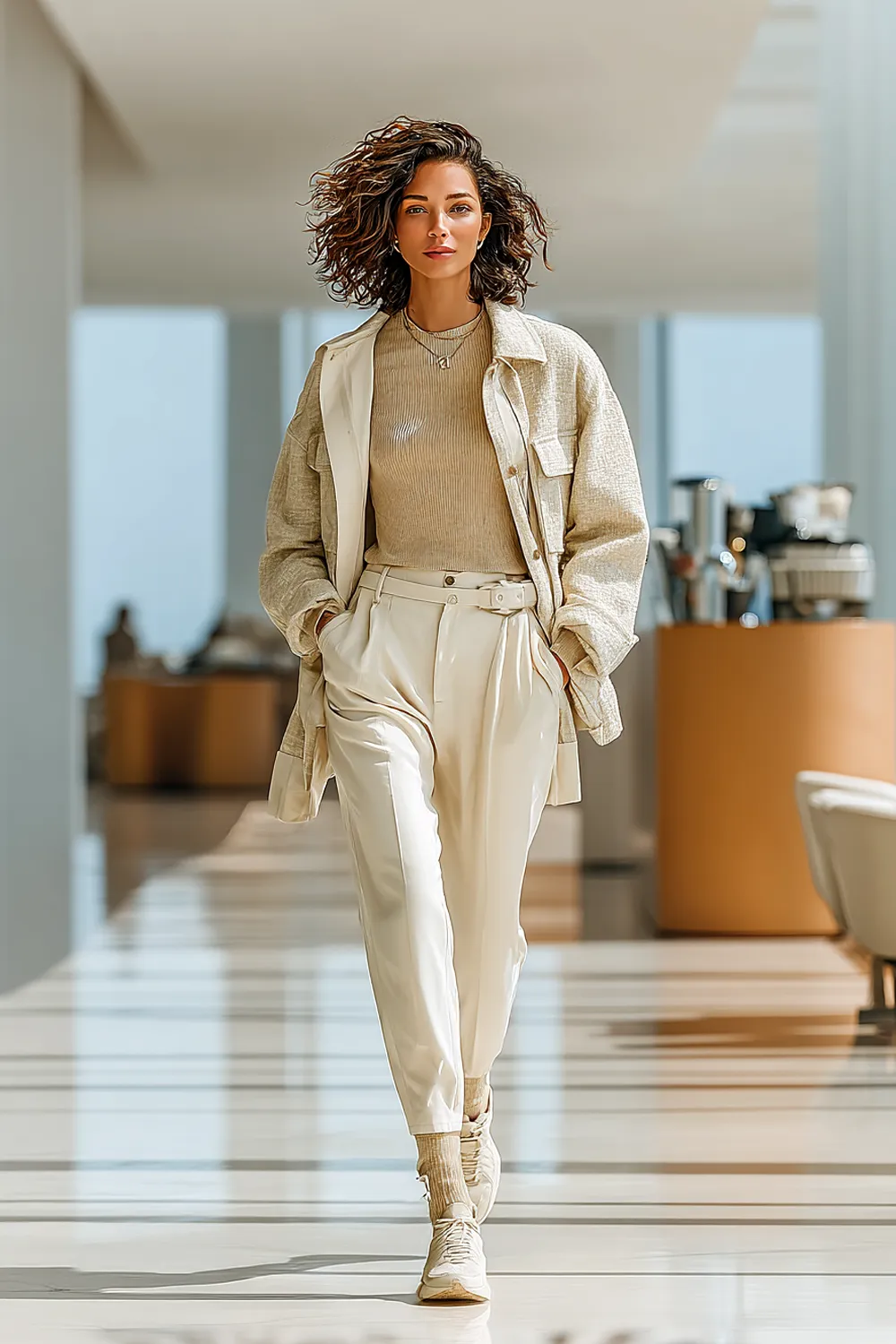 Woman over 40 walking through a modern lobby in a neutral monochrome fall outfit—utility jacket, ribbed knit top, and pleated trousers