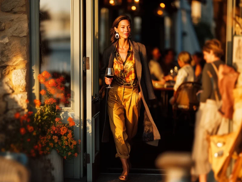 Woman over 40 leaving a restaurant at golden hour wearing a longline coat, silk blouse, and pleated trousers—an office-to-dinner fall outfit