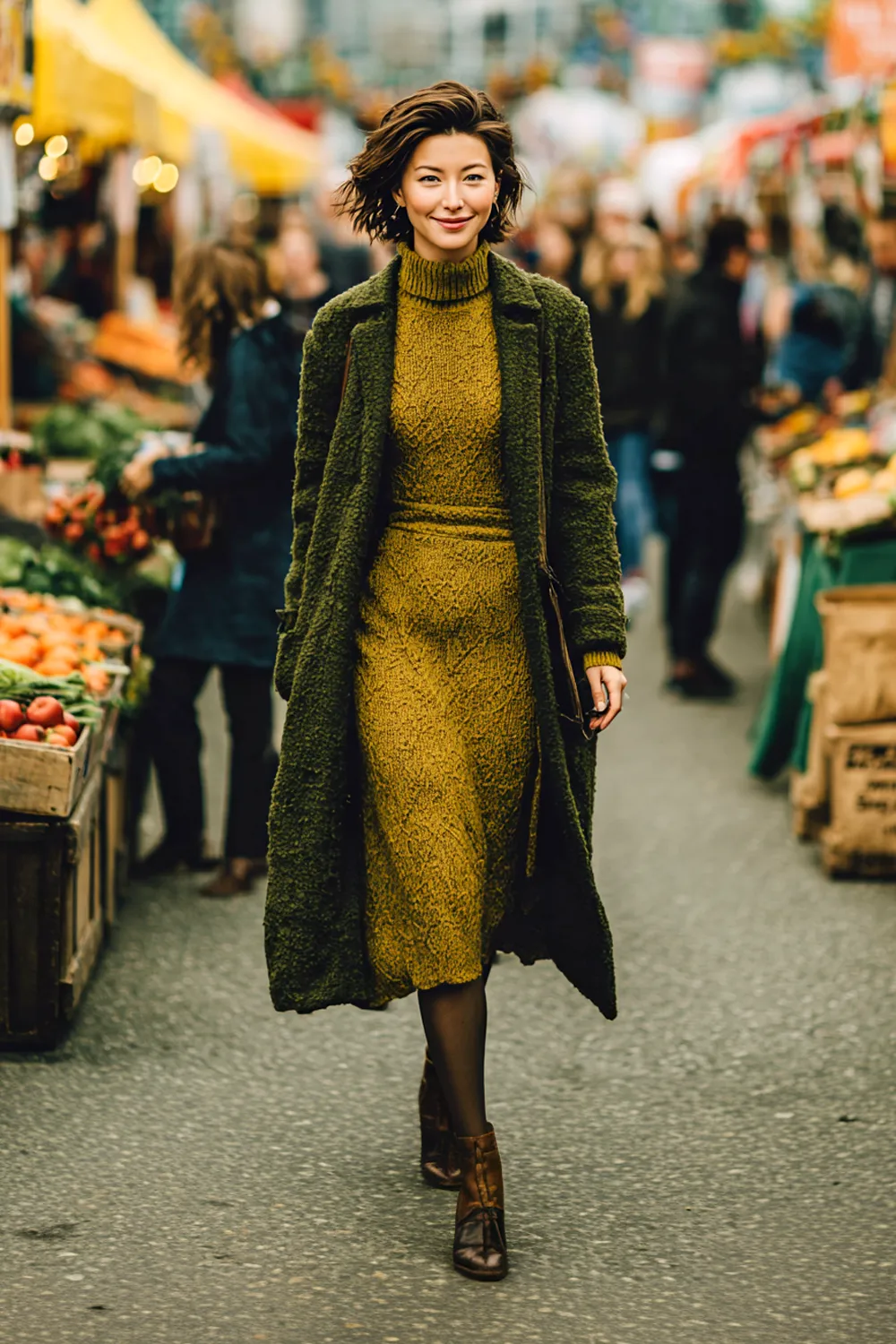 Woman over 40 in an olive knit set with a long textured coat walking through a city farmers market—fall outfit, chic over 40 style
