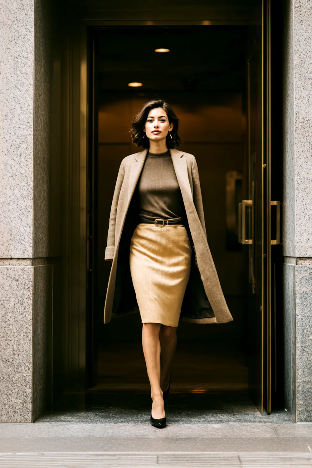 Woman over 40 leaving an office in a pencil skirt, fine knit top, and longline coat—an office-ready fall outfit