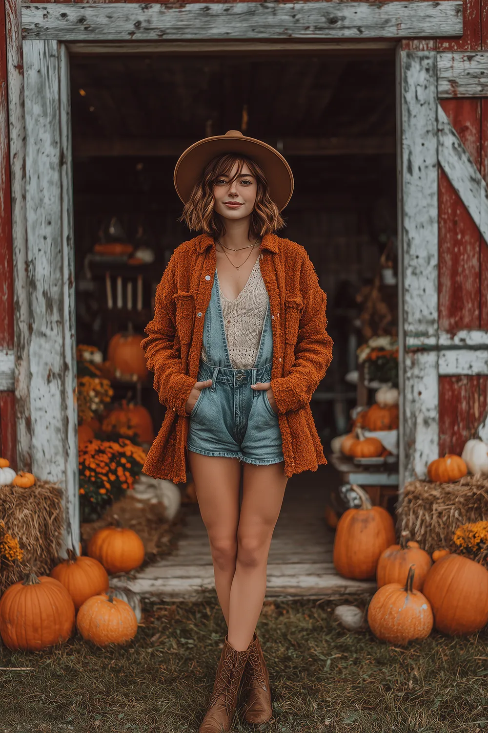 Woman wearing a cozy fall shacket with denim shorts and ankle boots, styled with a hat, standing in front of pumpkins and autumn farmhouse background