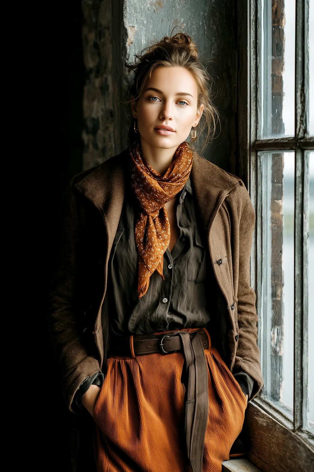 Woman in fall wardrobe essentials wearing brown coat, rust scarf and pleated trousers standing by a window in natural light