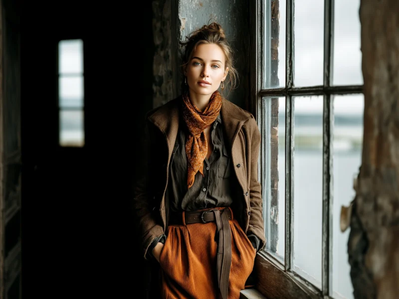 Stylish woman in fall wardrobe essentials with brown coat, rust scarf and wide-leg pants standing by a window in natural light