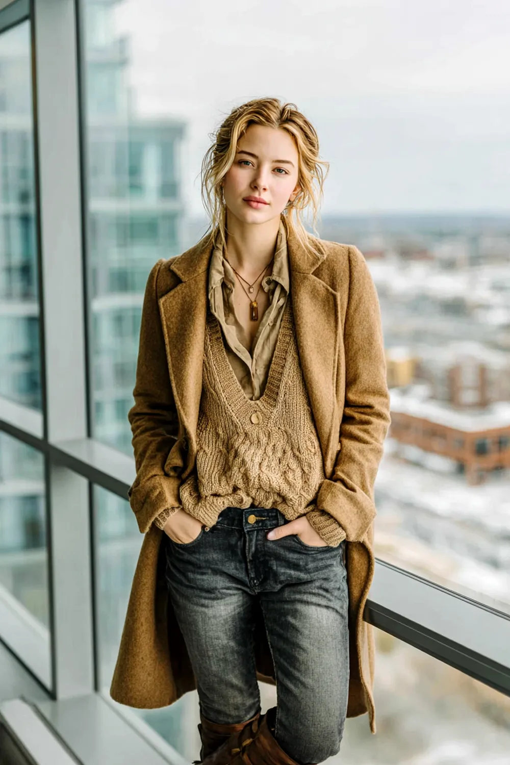 Woman wearing fall wardrobe essentials with wool coat layered over knit sweater and jeans standing indoors with city view