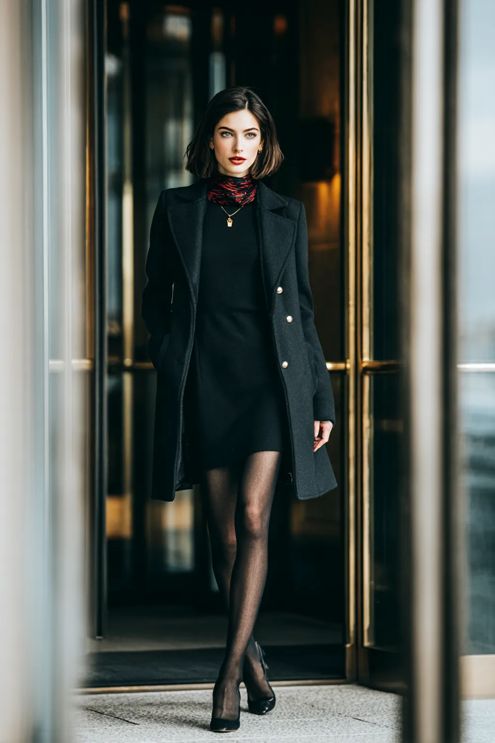 Stylish woman in her 30s wearing a black coat layered over a dress with tights and heels, professional fall winter job interview outfit