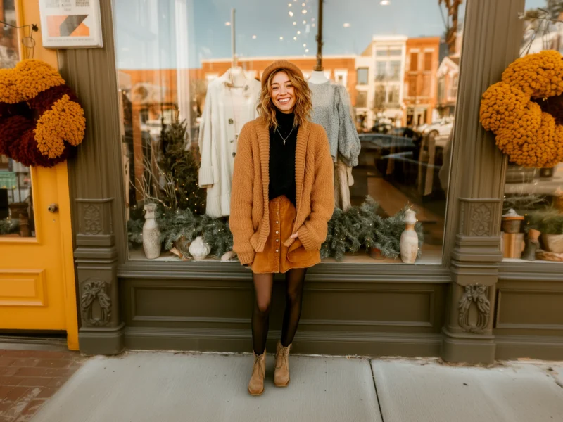 Wide-angle view of a smiling woman wearing a brown cardigan and corduroy skirt posing in front of a boutique window decorated with winter wreaths