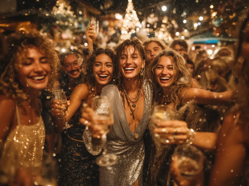 Group of stylish women in festive outfits laughing and celebrating at a glamorous holiday party with Christmas lights and sparkling decor in the background.