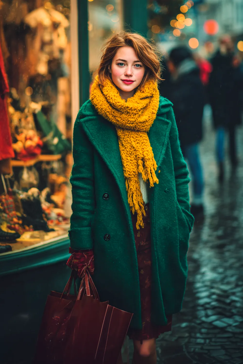 Woman in holiday winter outfit with green coat, yellow knit scarf, and red gloves holding shopping bags on a festive city street