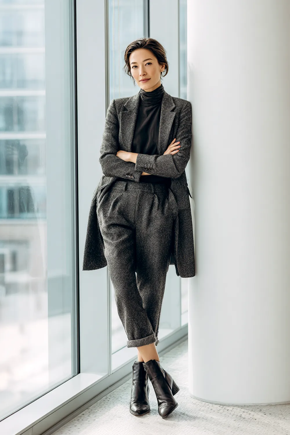 Stylish woman in her 30s wearing a gray blazer with matching trousers and black turtleneck, professional job interview outfit leaning by window