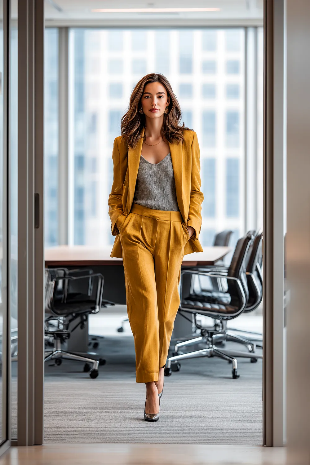 Stylish woman in her 30s wearing mustard blazer and trousers with gray blouse, professional job interview outfit walking in modern office