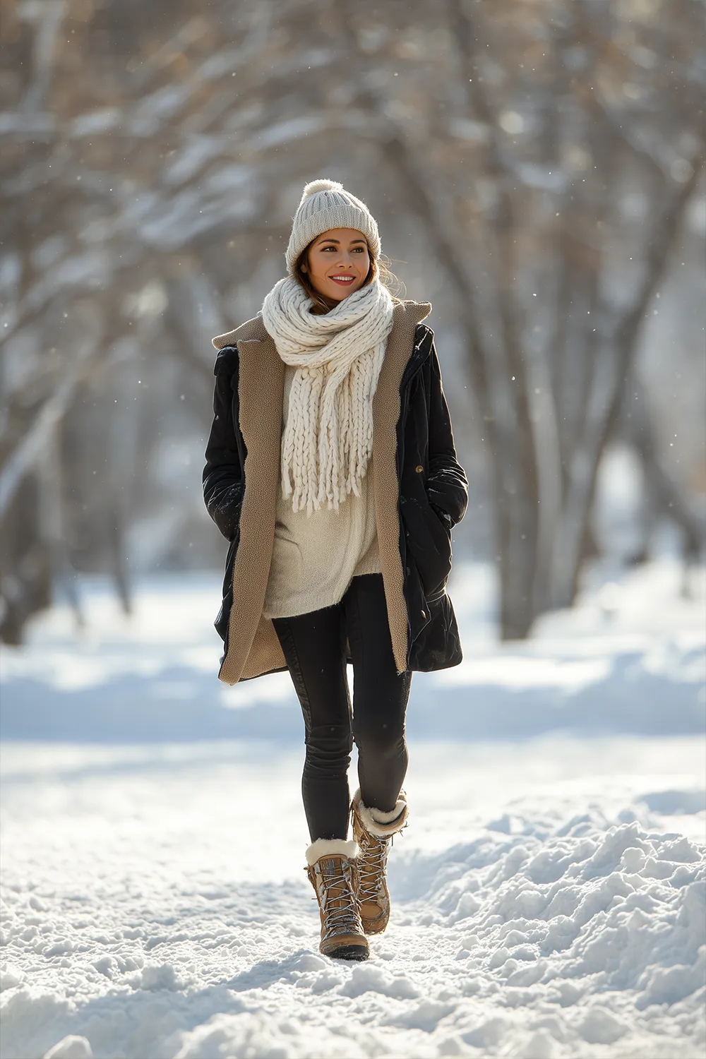 Woman walking through snowy park wearing layered winter outfit with puffer coat, knit scarf, thermal leggings and winter boots