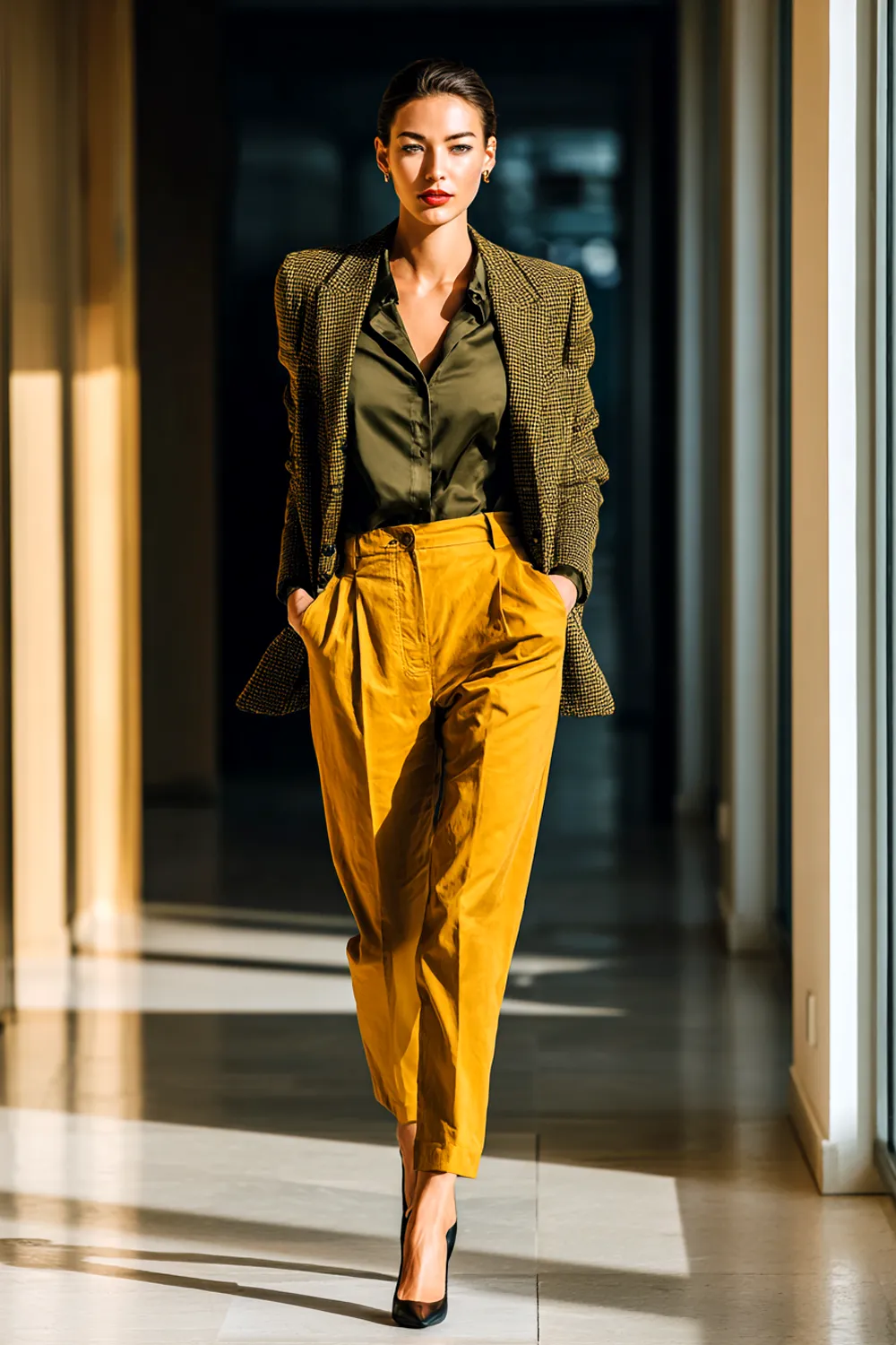 Confident woman in her 30s wearing a checked blazer, olive blouse, and mustard trousers with black heels, modern job interview outfit in office hallway