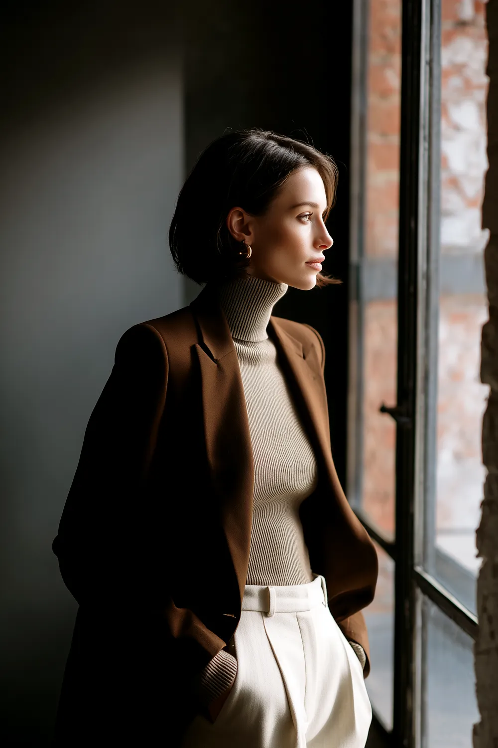 Stylish woman in a brown blazer and beige turtleneck sweater, looking out a window in a chic office setting.