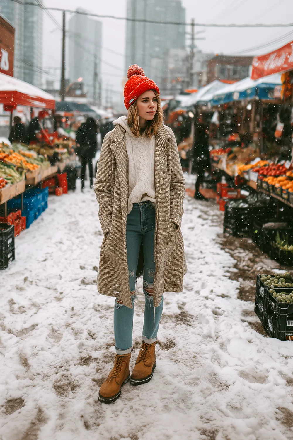 Woman wearing neutral winter outfit with red beanie, knit sweater, ripped jeans and lace-up boots standing at a snowy outdoor market