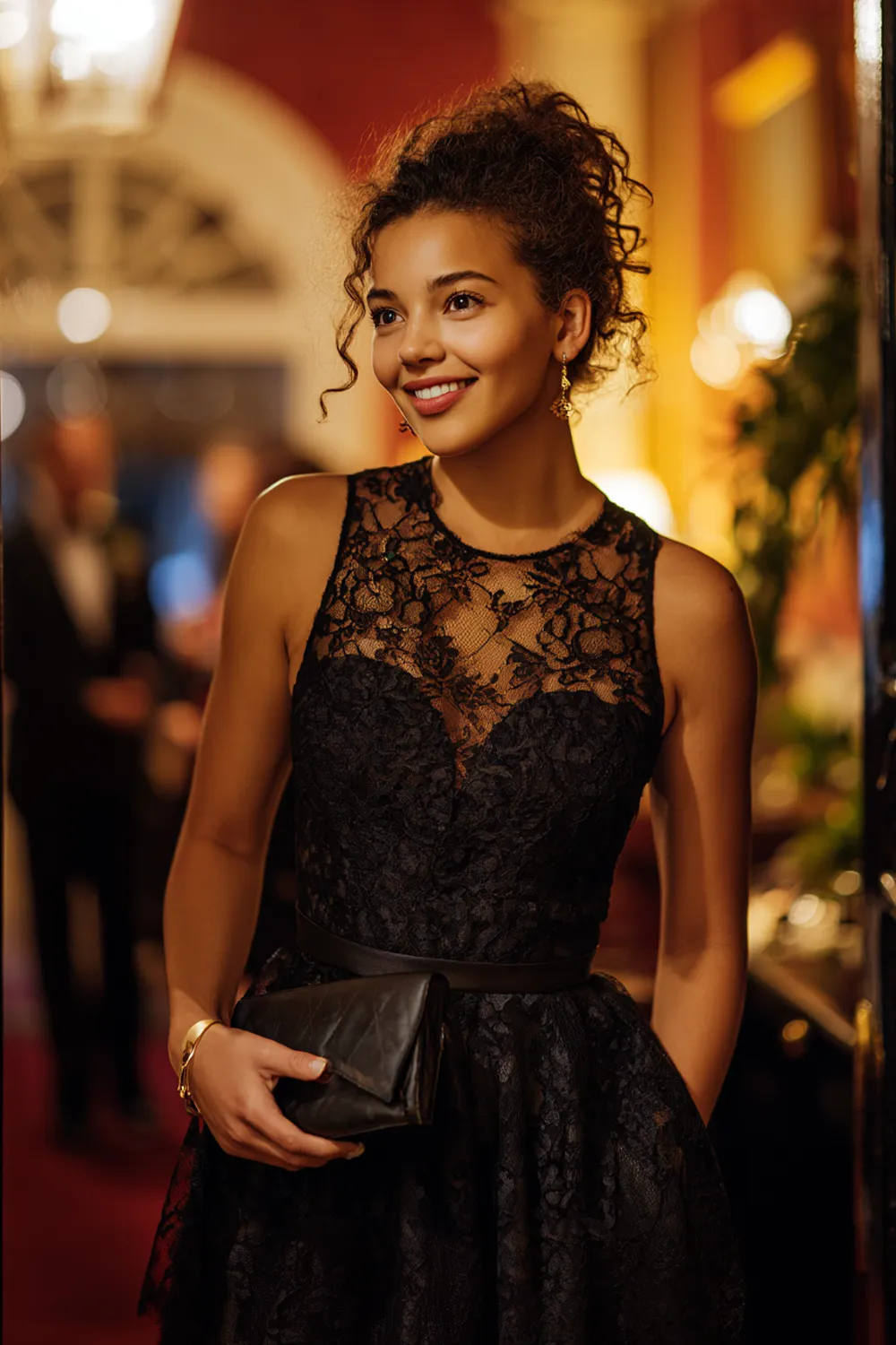 Smiling petite woman in elegant black lace homecoming dress holding clutch