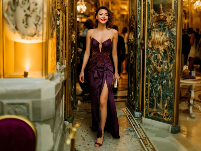 Petite woman in purple homecoming gown holding clutch walking through ballroom entrance