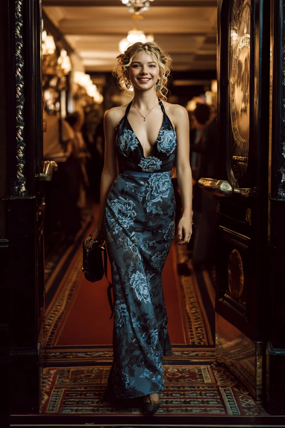 Smiling petite woman in empire waist floral homecoming dress walking into ballroom