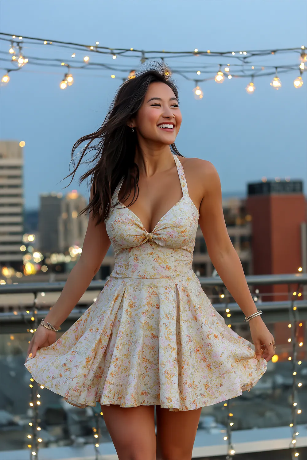 Smiling petite woman in floral fit and flare homecoming dress on rooftop with string lights