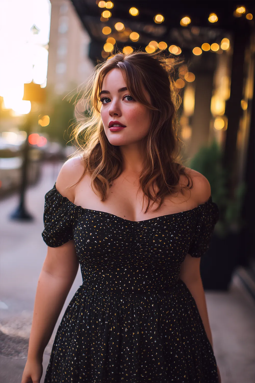 Petite woman in elegant off the shoulder homecoming dress smiling outdoors with evening lights