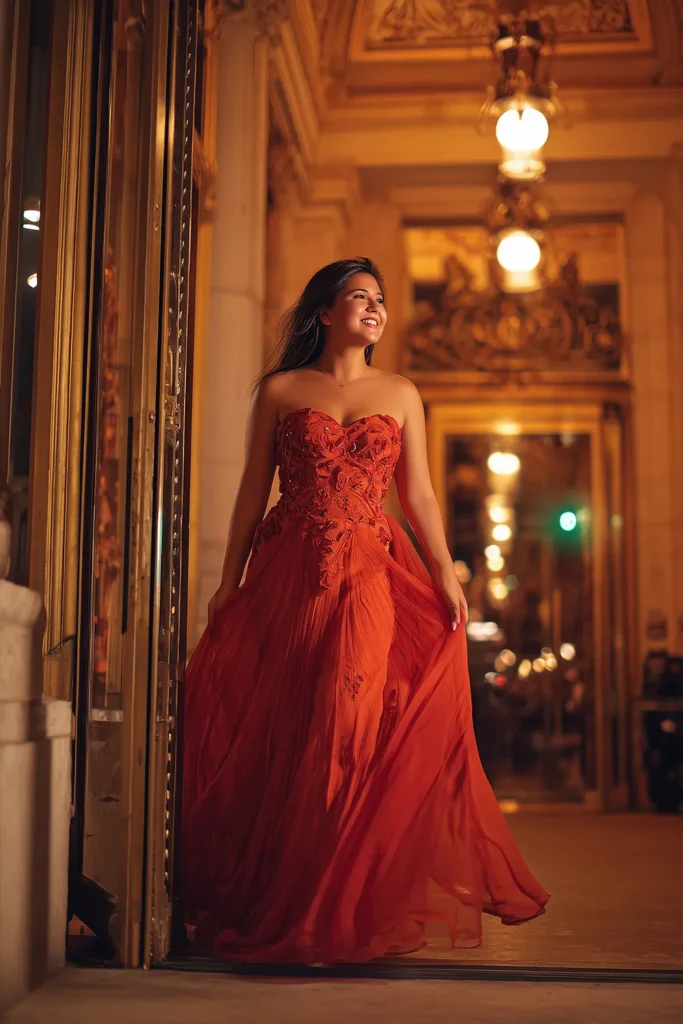 Smiling petite woman in elegant red strapless homecoming gown walking at night