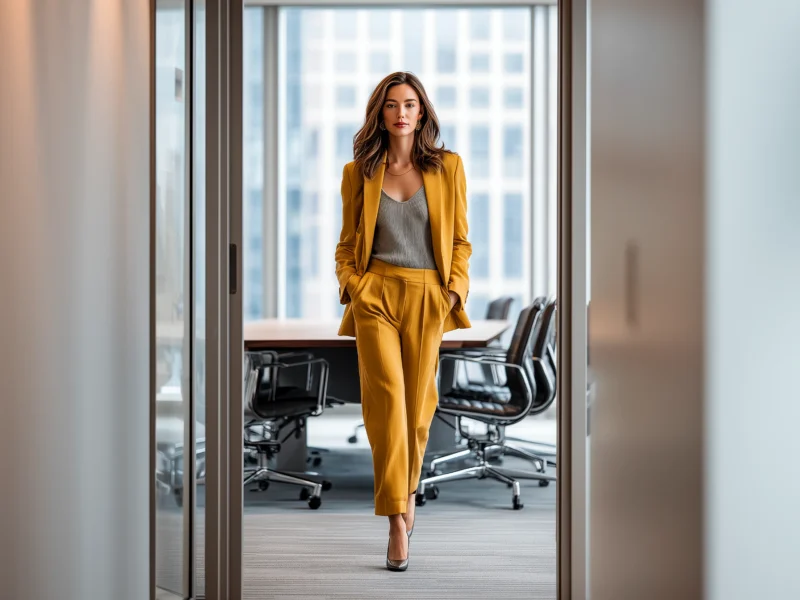Woman in her 30s wearing a mustard blazer and tailored trousers, stylish professional job interview outfit walking in modern office hallway