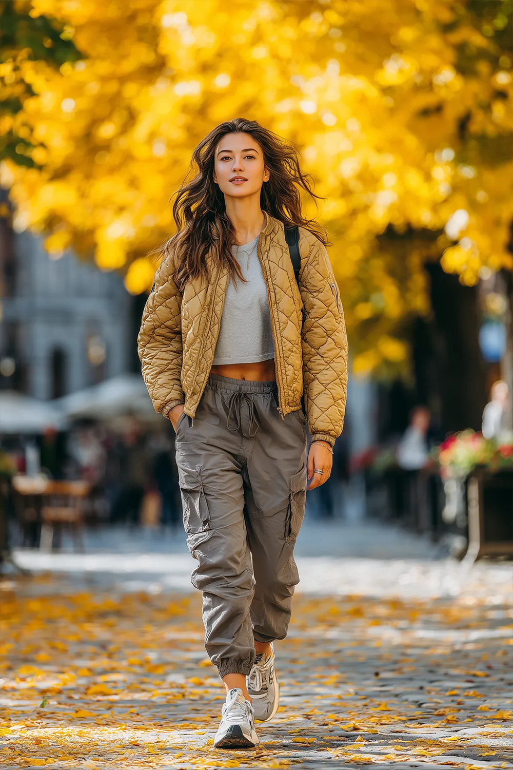 Woman wearing a quilted jacket with joggers and sneakers walking through a fall street with golden leaves 