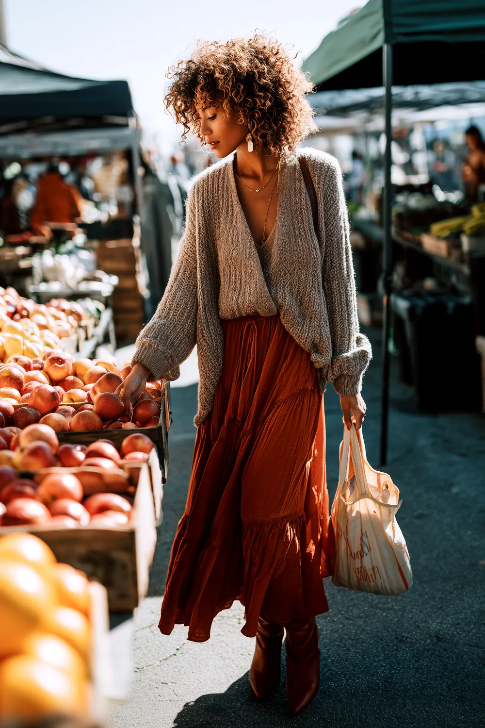 Woman in knit sweater, slouchy cardigan, rust midi skirt and boots browsing apples at a farmers market