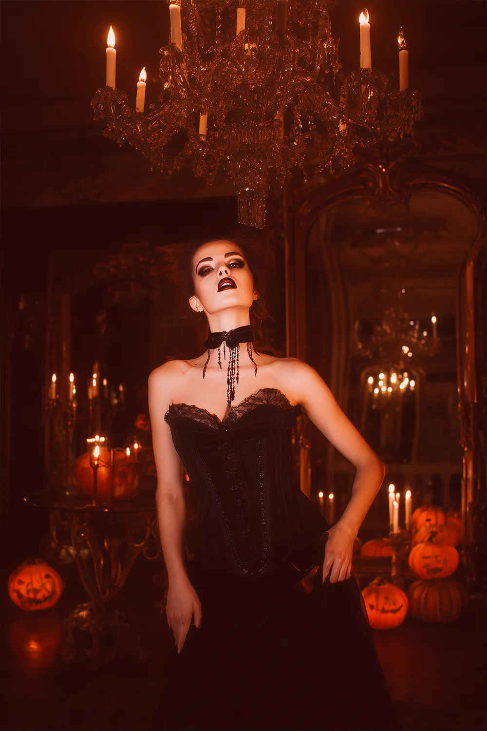Woman in a sexy vampire Halloween costume with black corset and choker, posing in a candlelit room with pumpkins and chandeliers