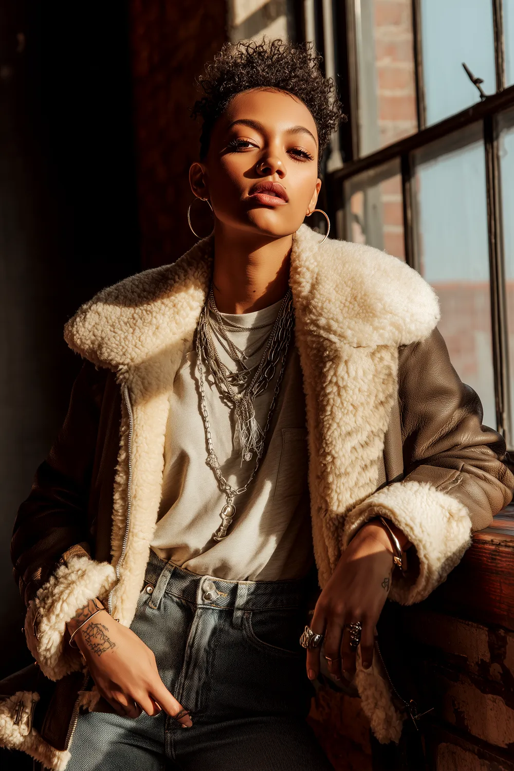 Woman wearing shearling-lined bomber jacket, layered necklaces, and jeans leaning by a sunlit loft window
