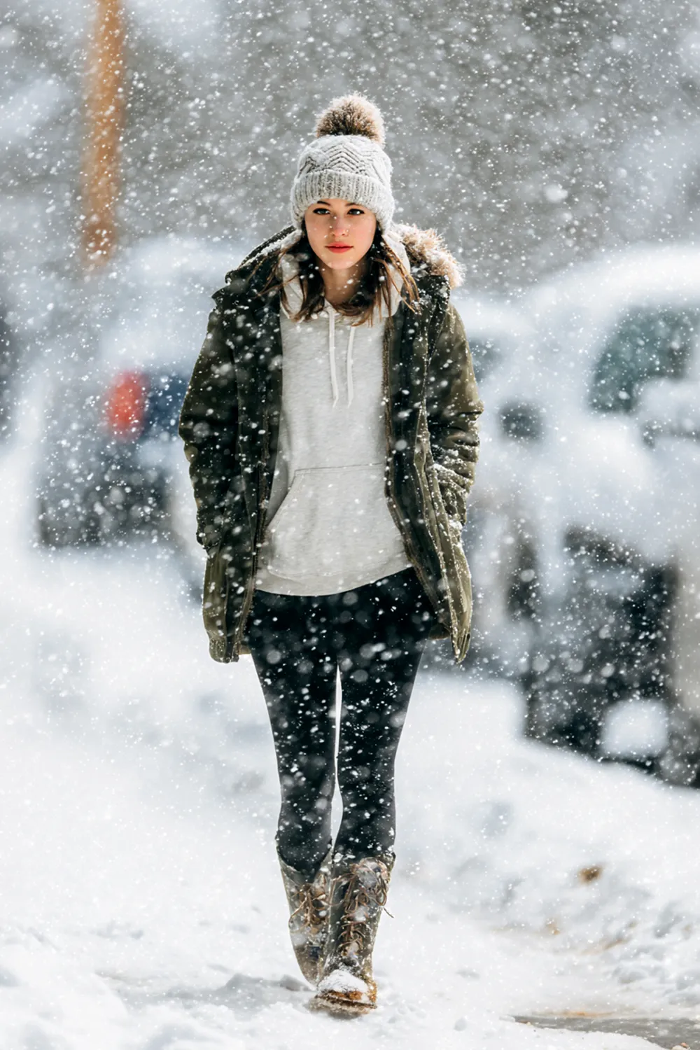 Woman walking through heavy snowfall wearing a green parka, gray hoodie, black leggings, winter boots and a knit pom-pom hat
