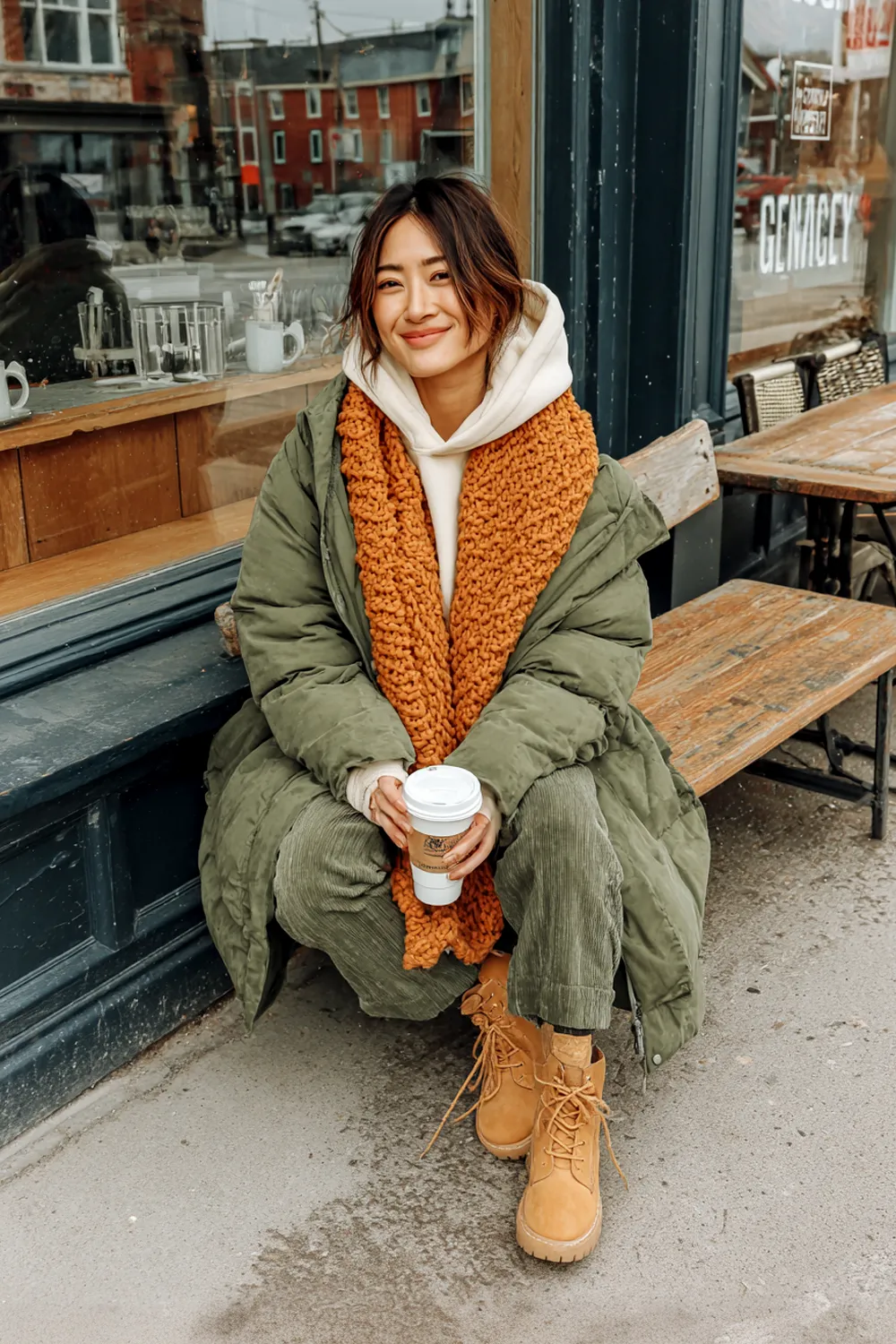 Street Style Winter Look with Green Puffer Coat and Orange Scarf Woman in street style winter outfit with green puffer coat, orange knit scarf, and tan lace-up boots holding coffee outside a café