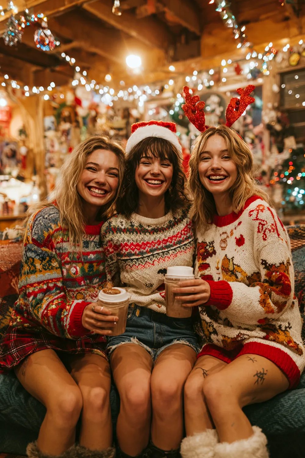 Three smiling women wearing fun ugly Christmas sweaters at a festive house party, holding hot cocoa and surrounded by cozy holiday lights and decor