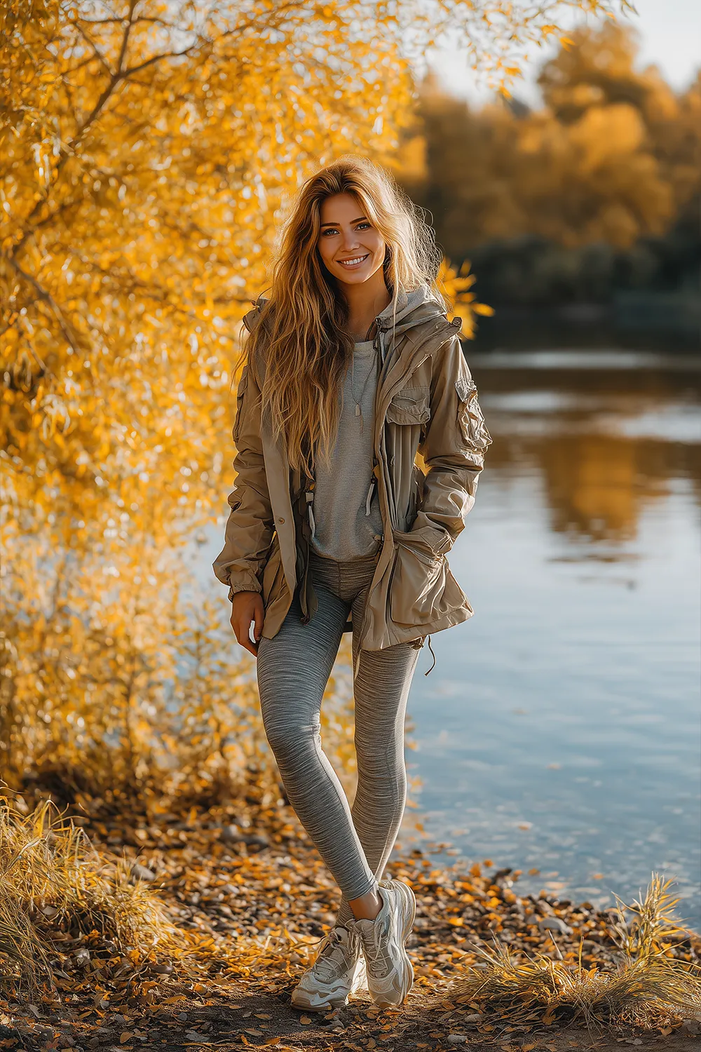 Woman in a utility jacket with leggings and sneakers smiling by a scenic autumn lake