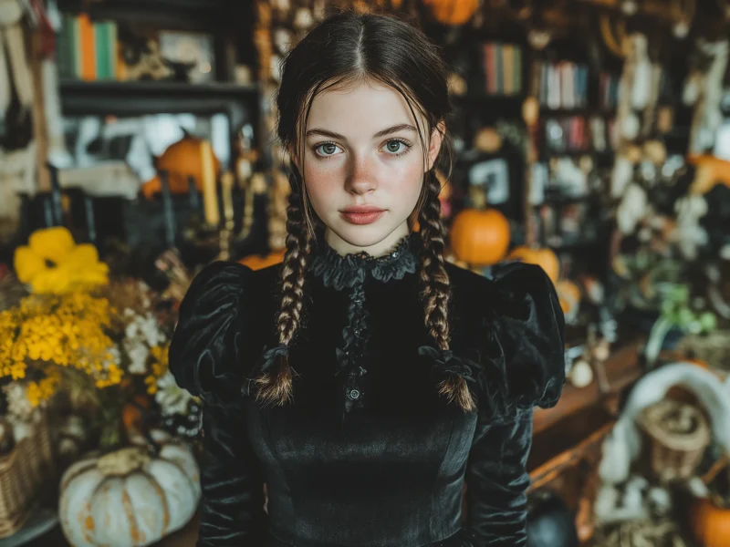 A young woman in a black vintage dress with braided pigtails, standing in a cozy Halloween-decorated room with pumpkins, flowers, and antique decor.