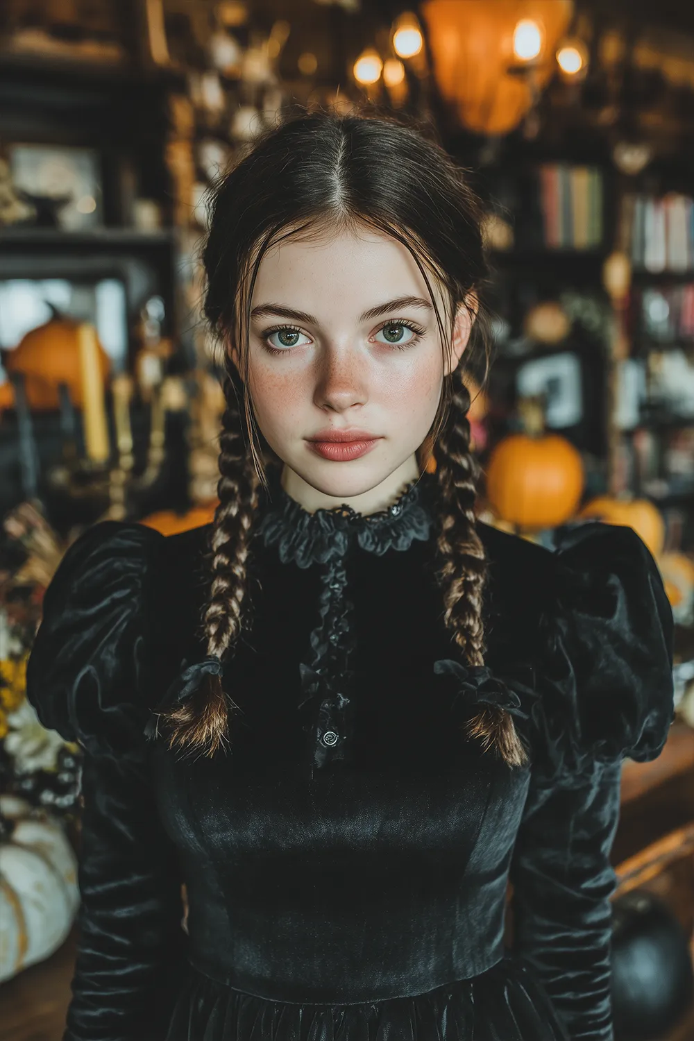 Modern Wednesday Addams Costume for a Spooky Chic Halloween Look A young woman dressed as Wednesday Addams in a black vintage dress with braided pigtails, standing indoors with pumpkins and spooky Halloween decor in the background.