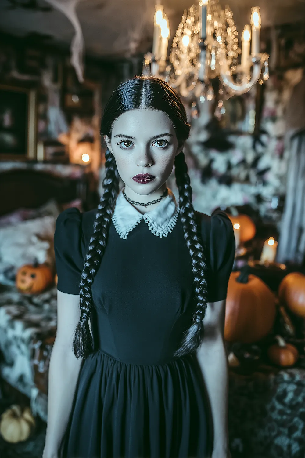 Woman in a grown-up Wednesday Addams costume with braids and dark lipstick, standing in a spooky room with pumpkins and candlelight