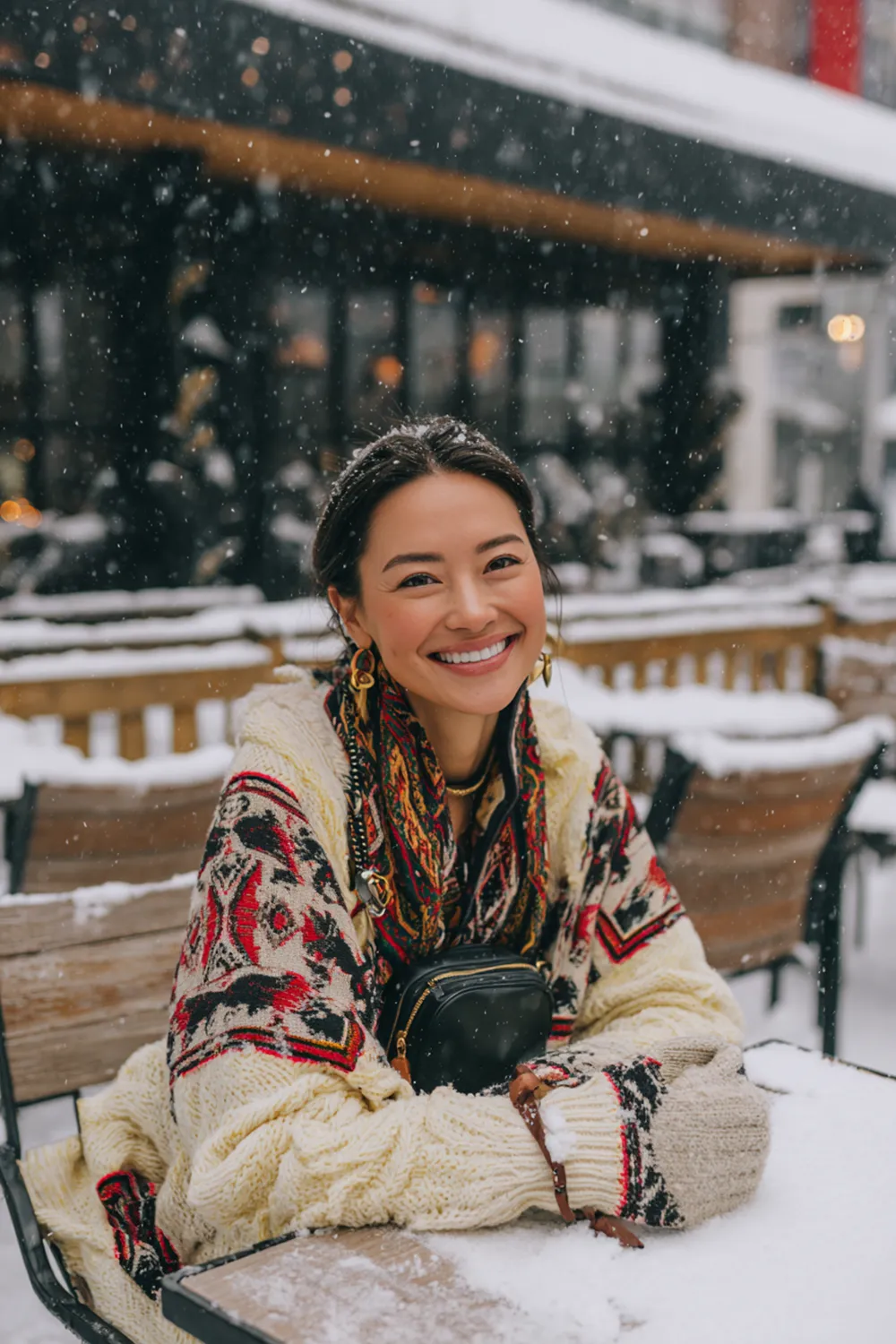 Smiling woman sitting at a snowy outdoor café wearing a patterned scarf, chunky knit sweater, gold earrings, and mittens