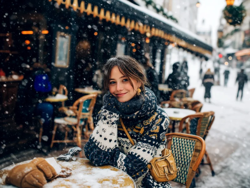 Smiling woman sitting at an outdoor café in snowfall, wearing a patterned knit sweater, chunky scarf, and yellow crossbody bag