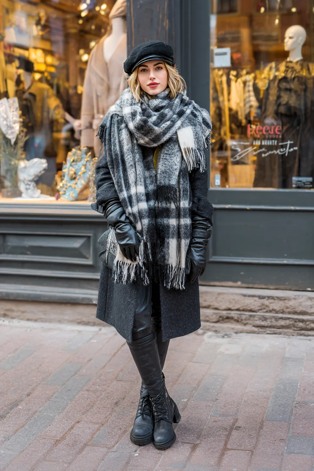 Full-body portrait of a stylish woman in a black coat, leather gloves, boots and a black and white plaid scarf and cap standing outside a boutique window