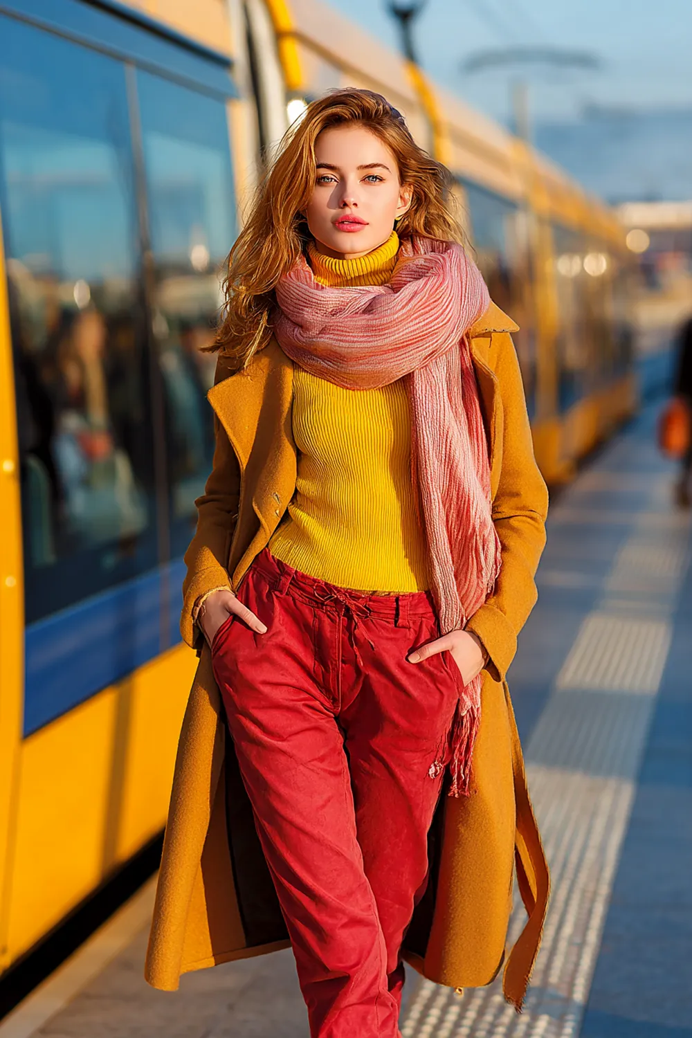 Fashionable woman in mustard coat yellow sweater and red pants styled with pink scarf walking confidently in urban winter street style