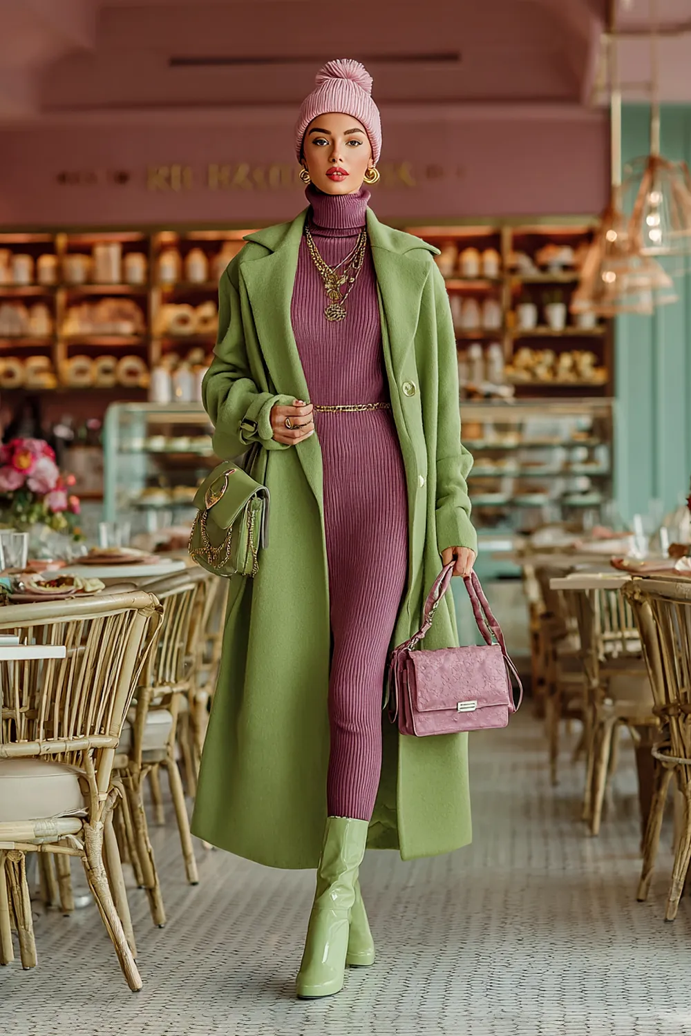 Stylish woman in colorful winter outfit with green coat and purple knit dress posing confidently inside a chic café
