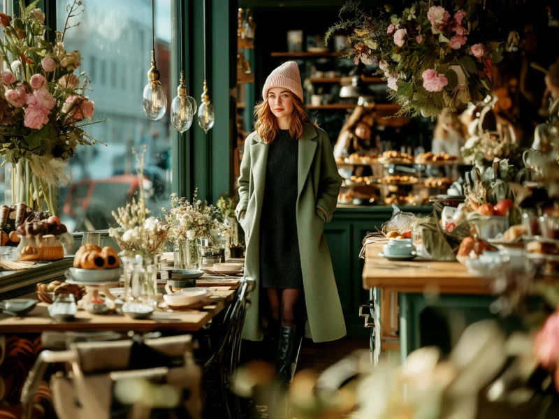 Fashionable young woman in a green winter coat and beanie enjoying a cozy café setting with pastries and flowers