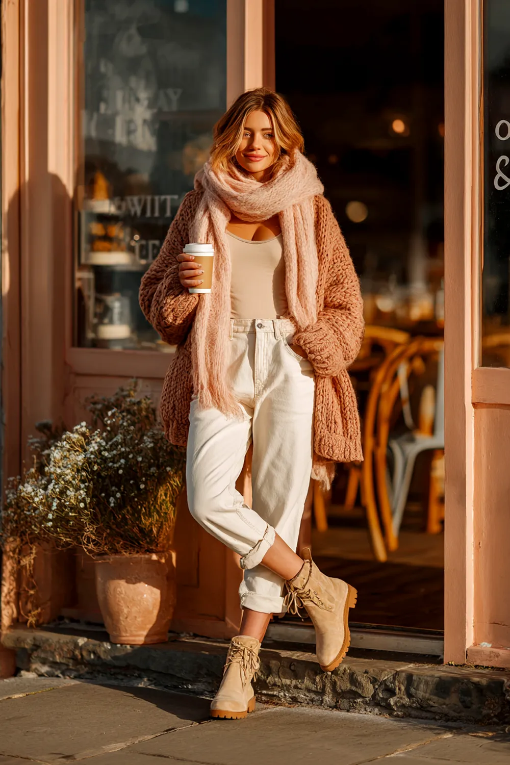 Smiling young woman in chunky knit cardigan and scarf holding coffee outside a café in a cozy winter street style look