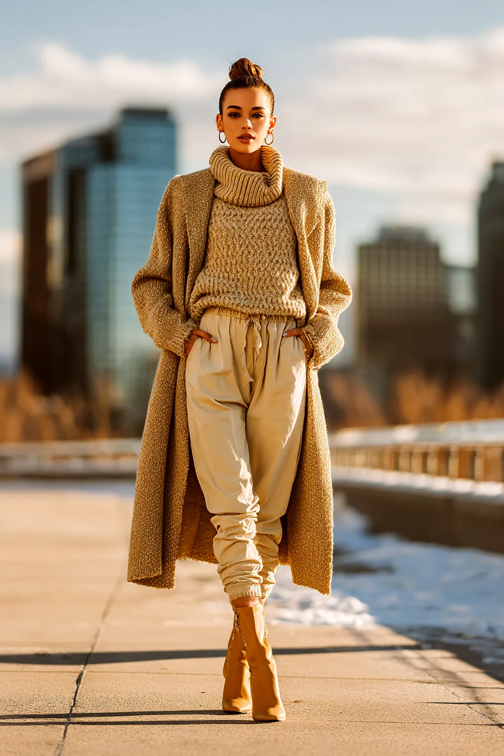 Fashionable young woman in neutral winter outfit with knit sweater, coat and boots walking confidently in the city