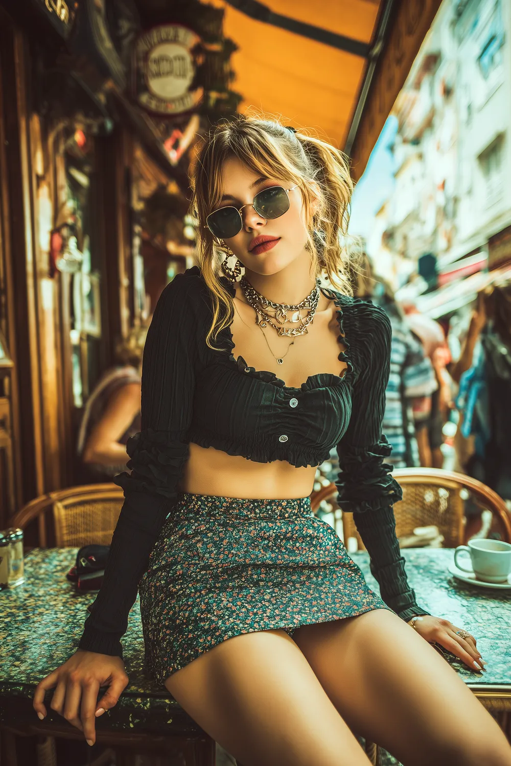 Trendy Y2K mini skirt outfit with black crop top, layered jewelry and sunglasses at a lively street café scene