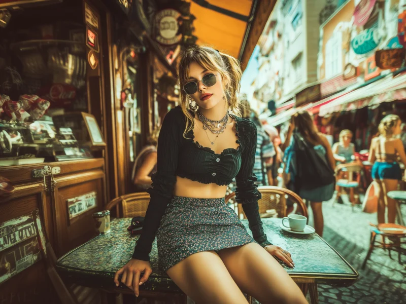 Fashionable Y2K mini skirt outfit with black crop top and layered jewelry sitting at a street café in a lively city scene