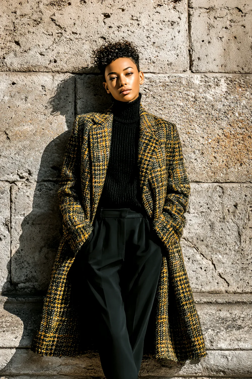 Stylish woman leaning against a stone wall wearing a yellow and black houndstooth overcoat with a black turtleneck and trousers on a city street