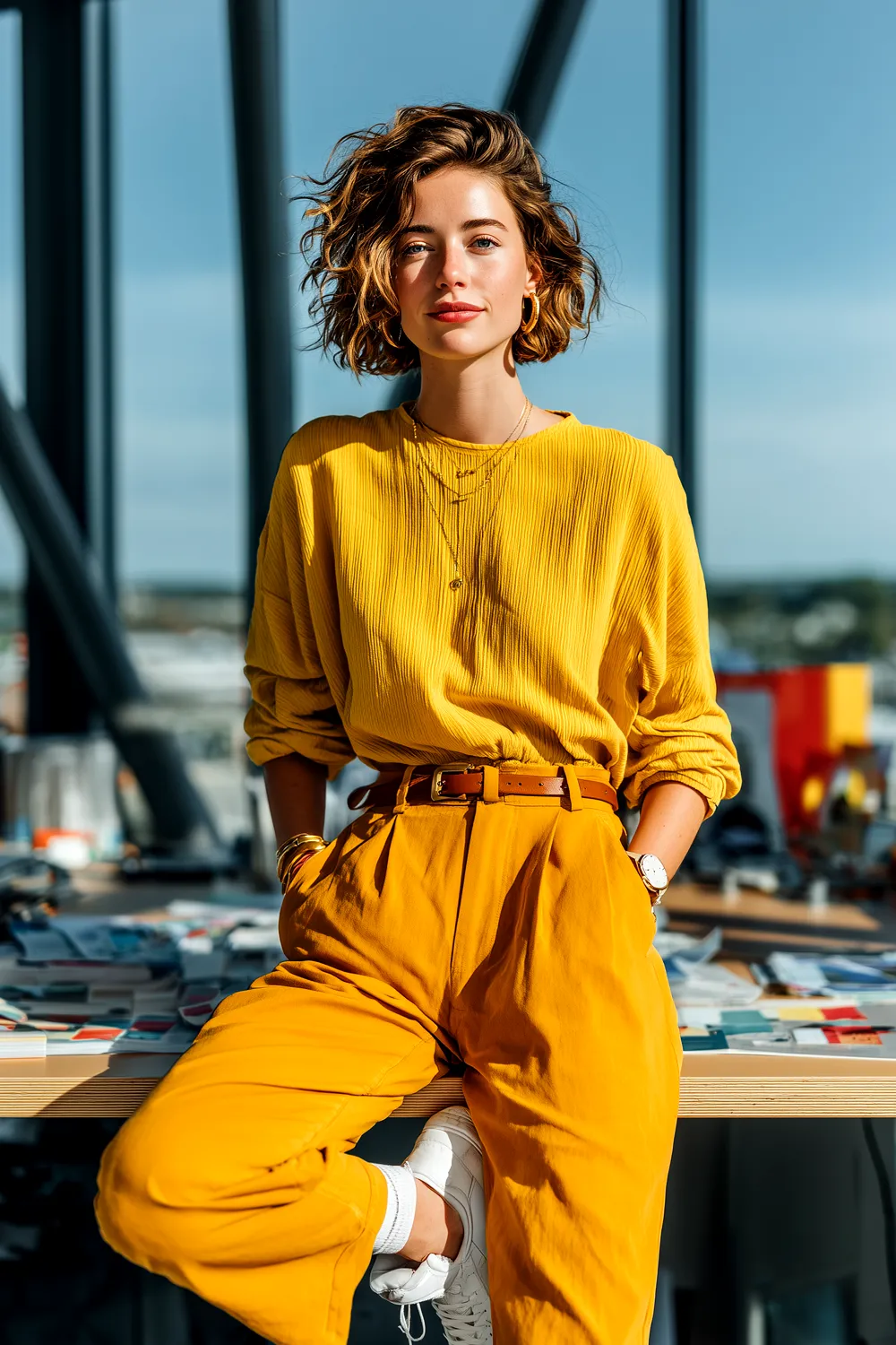 Young woman wearing a yellow pleated blouse and matching yellow high-waisted trousers, paired with white sneakers, leaning on a table in a bright modern office space. The sunlight highlights her natural beauty and casual chic style.